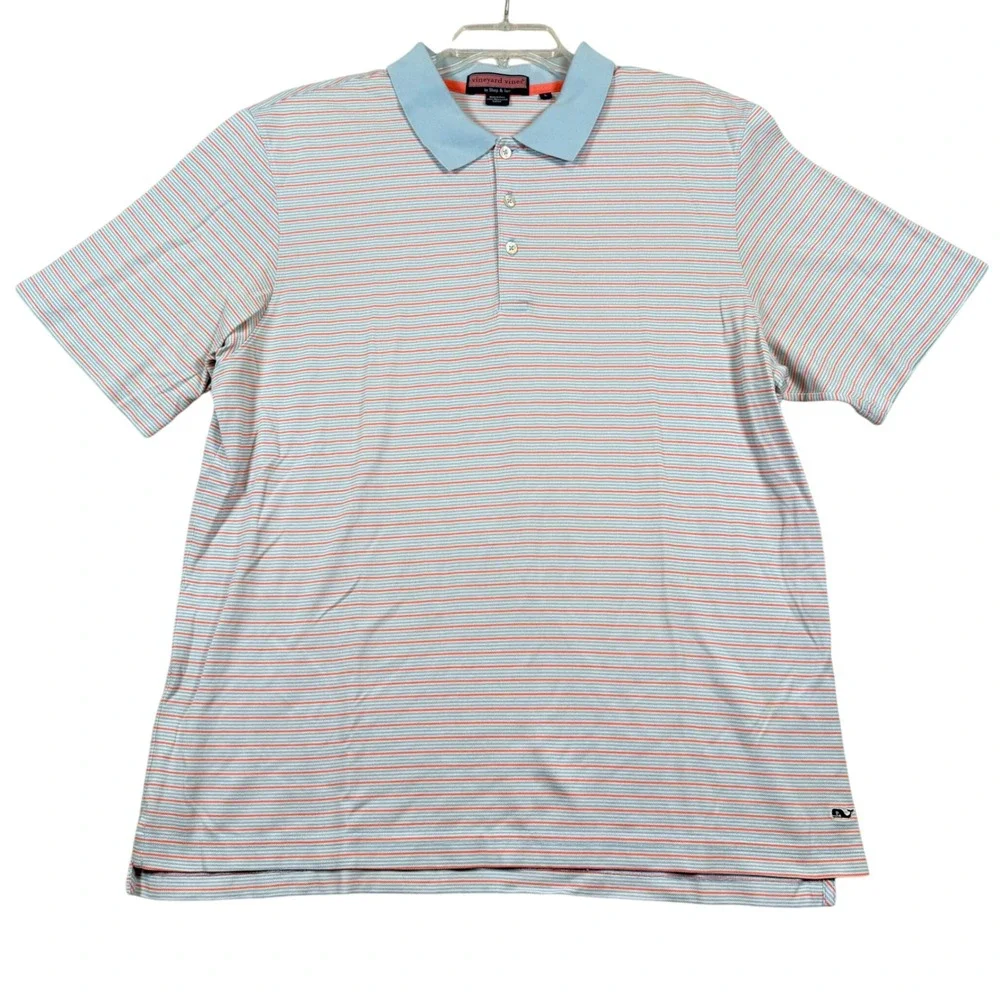 Vineyard Vines Mens Large Striped Polo Shirt Light Blue Orange